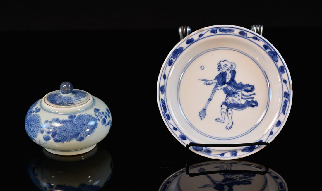 Two Chinese Blue White Porcelain Articles: one figural dish, another covered bowl, measures 6"dia for dish, 3"h 3.5"w for bowl Provenance: Estate of Alfred Günter Mann, New Haven, Ct