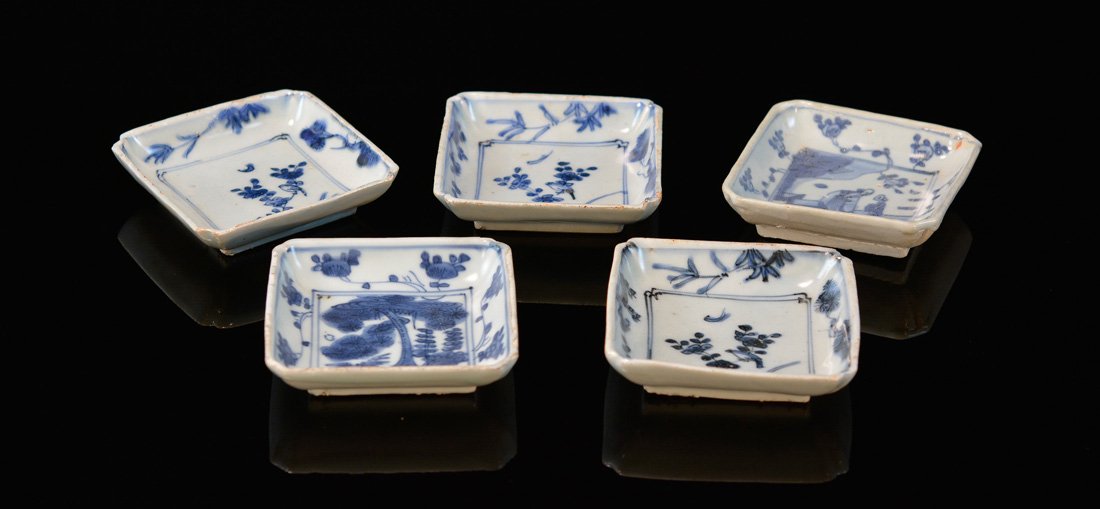 Set of Five Asian Blue White Porcelain Dishes: square with figural and floral motif, 19th can or earlier, measures 3.5"dia each Provenance: Estate of Alfred Günter Mann, New Haven, Ct