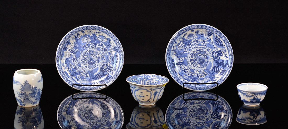 Group of Five Blue White Porcelain Articles: pair of dishes, cup, vase, 19th cen, measures 2x 7"dia, 2.5"h 4"w, 1.75"h 3"w, and 3.5"h 2.75"w Provenance: Estate of Alfred Guntermann, New Haven, Ct