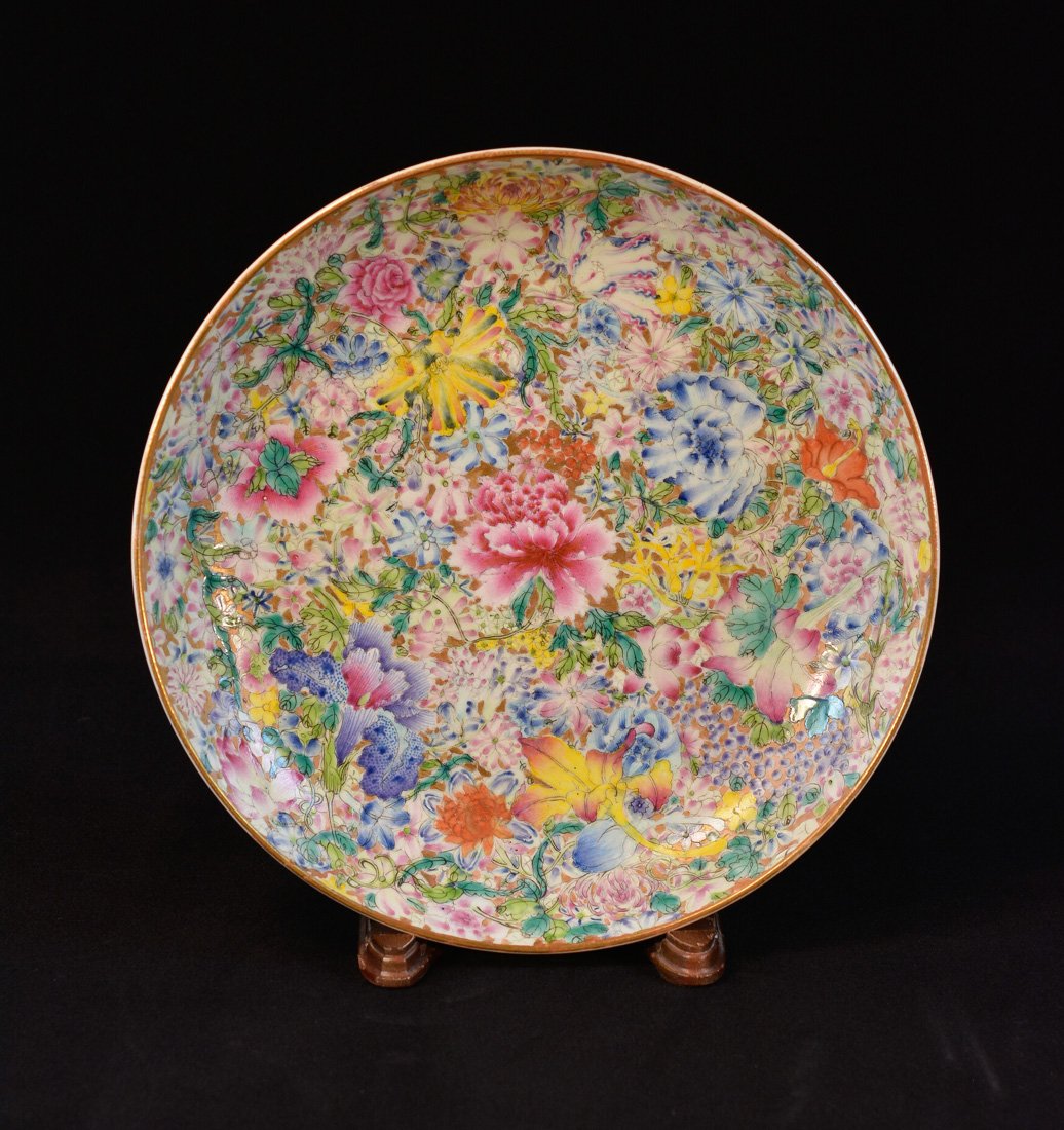 Chinese Milifloral Motif Porcelain Charger: 19th cen, measures 2"h 10.5"w Provenance: Estate of Alfred Guntermann, New Haven, Ct