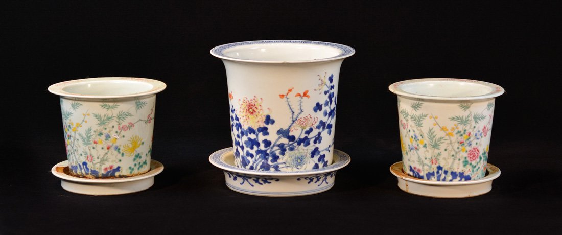Group of Three Chinese Porcelain Planter - Floral Motif: 19/20th cen, measures 7.75"h 8.5"w, 5"h 7"w, 8.5"dia Provenance: Estate of Alfred Guntermann, New Haven, Ct