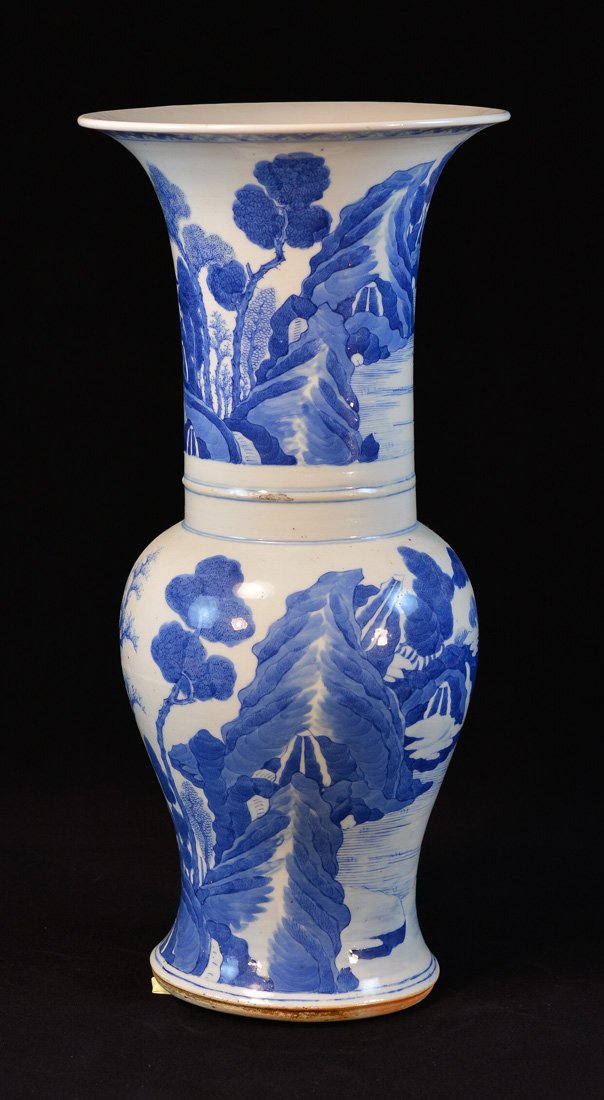 Chinese Blue White Porcelain Yen Yen Vase: restored rim, measures 18"h 9"w Provenance: Estate of Alfred Guntermann, New Haven, Ct