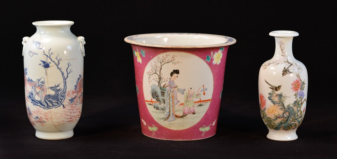 Three Chinese Porcelain Articles - Planter: one planter, one vase and other two porcelain as is, measures 7.5"h 9"w, 9"h 3.5"w, and 8"h, 2.5"w Provenance: Estate of Alfred Guntermann, New Haven, Ct