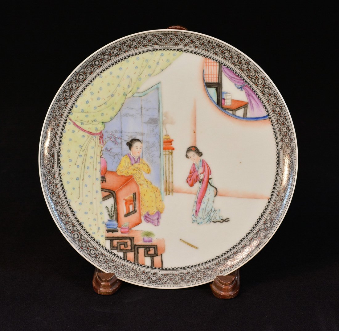 Chinese Republic Period Famille Rose Porcelain Dish: figural motif, measures 8.75"dia Provenance: Estate of Alfred Guntermann, New Haven, Ct