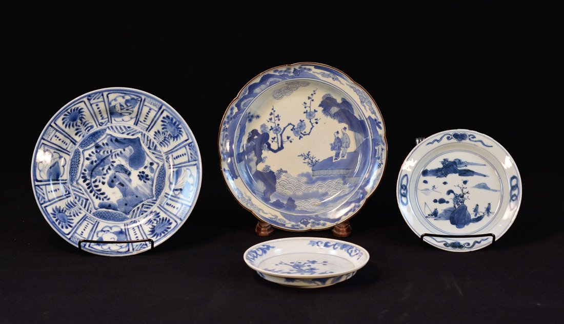 Group of Four Asian Blue White Porcelain Dishes: measures largest 8.75"dia, medium 8.25"dia, two smallest 6.5"dia Provenance: Estate of Alfred Guntermann, New Haven, Ct