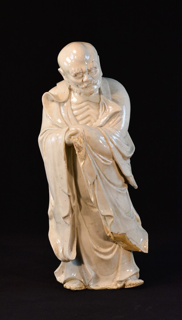 Chinese Dehua Porcelain Damo: 16th cen, chip, measures 20"h 8"w Provenance: Estate of Alfred Guntermann, New Haven, Ct