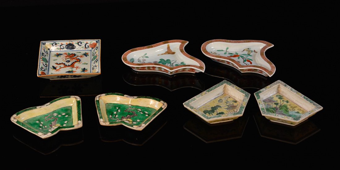 Group of Seven Chinese Porcelain Dishes: various form and shapes, largest measures 6"h 5"w Provenance: Estate of Alfred Guntermann, New Haven, Ct