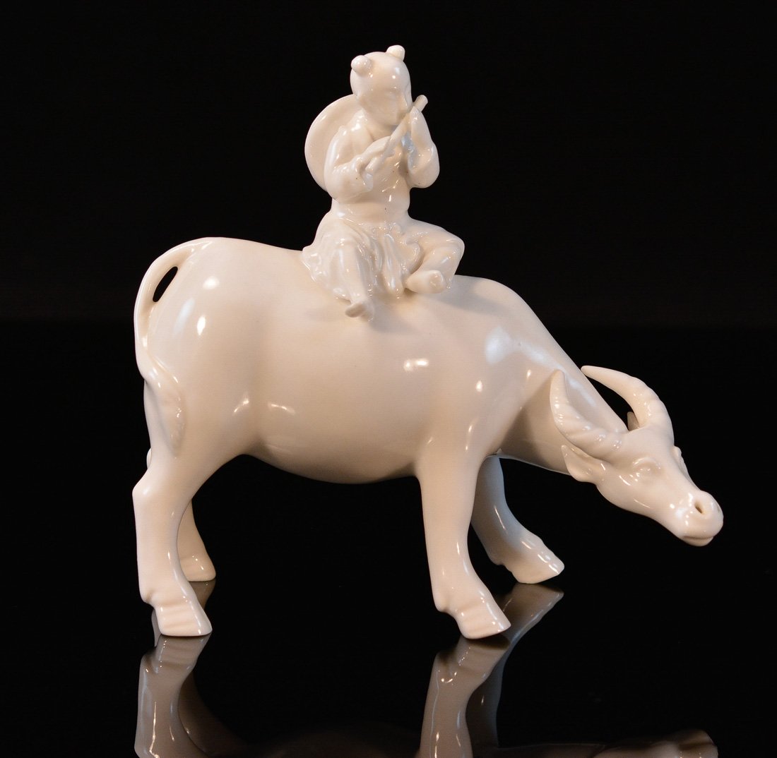 Chinese Dehua Porcelain Boy Riding Ox: 19th cen, measures 6"h 6"w Provenance: Estate of Alfred Guntermann, New Haven, Ct