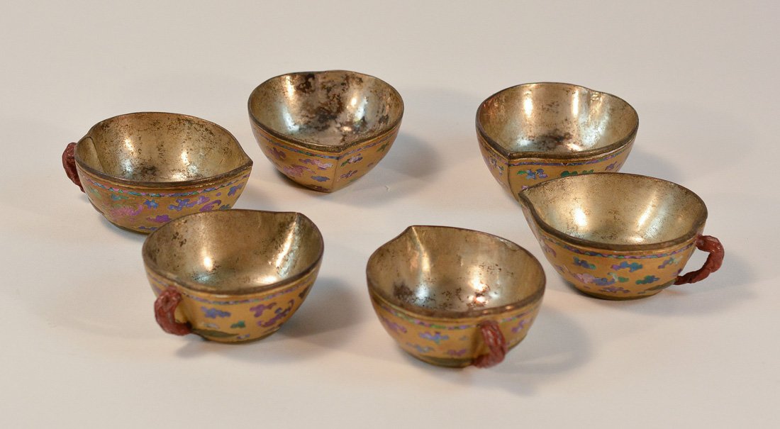 Set of Six Chinese Lacquer Peach Formed Scholar Cups: with mother of pearl inlay, 17th cen, measures 1.25"h 3"w Provenance: Estate of Alfred Guntermann, New Haven, Ct