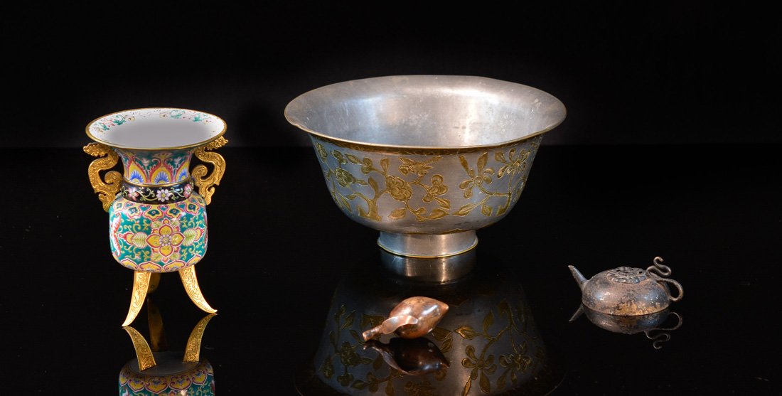 Group of Four Asian Metal Articles: including two water dropper, one enameled vessel, one pewter bowl, largest measures 4"h 8.5"d Provenance: Estate of Alfred Guntermann, New Haven, Ct