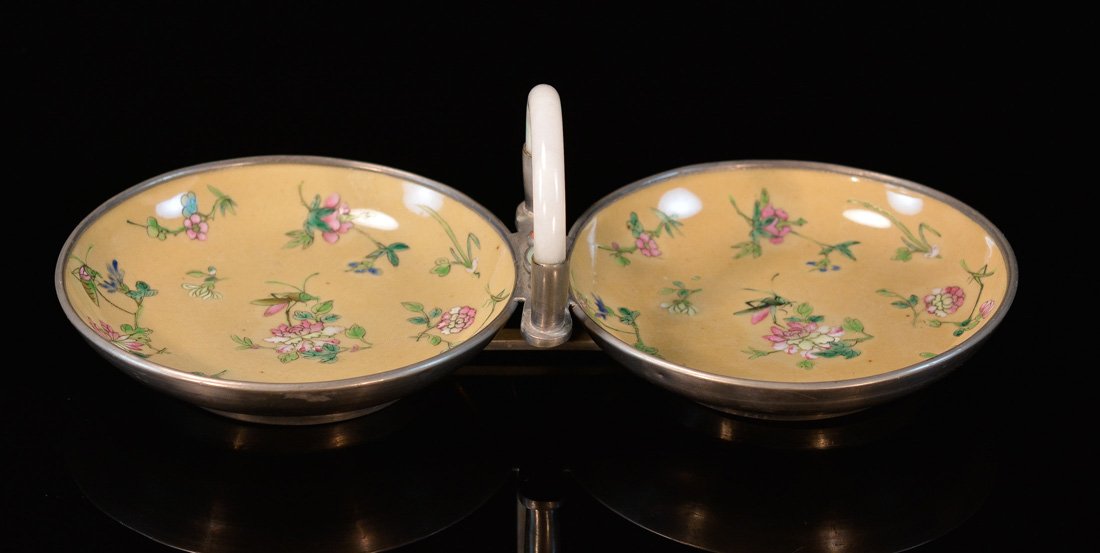 Two Asian Porcelain Articles: one tray with jade handle, another bowl, largest measures 11.5 by 5.5" Provenance: Estate of Alfred Guntermann, New Haven, Ct