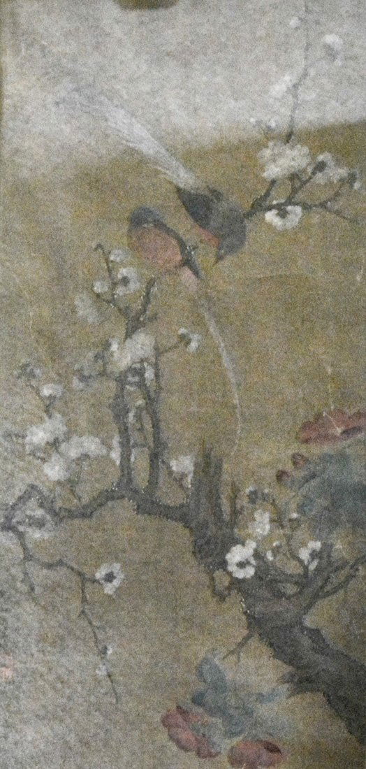 Chinese Framed Silk Painting - Floral and Bird Scene: artist signed Lu Zhi, 19th cen or earlier, measures 30"l 14"w Provenance: Estate of Alfred Guntermann, New Haven, Ct