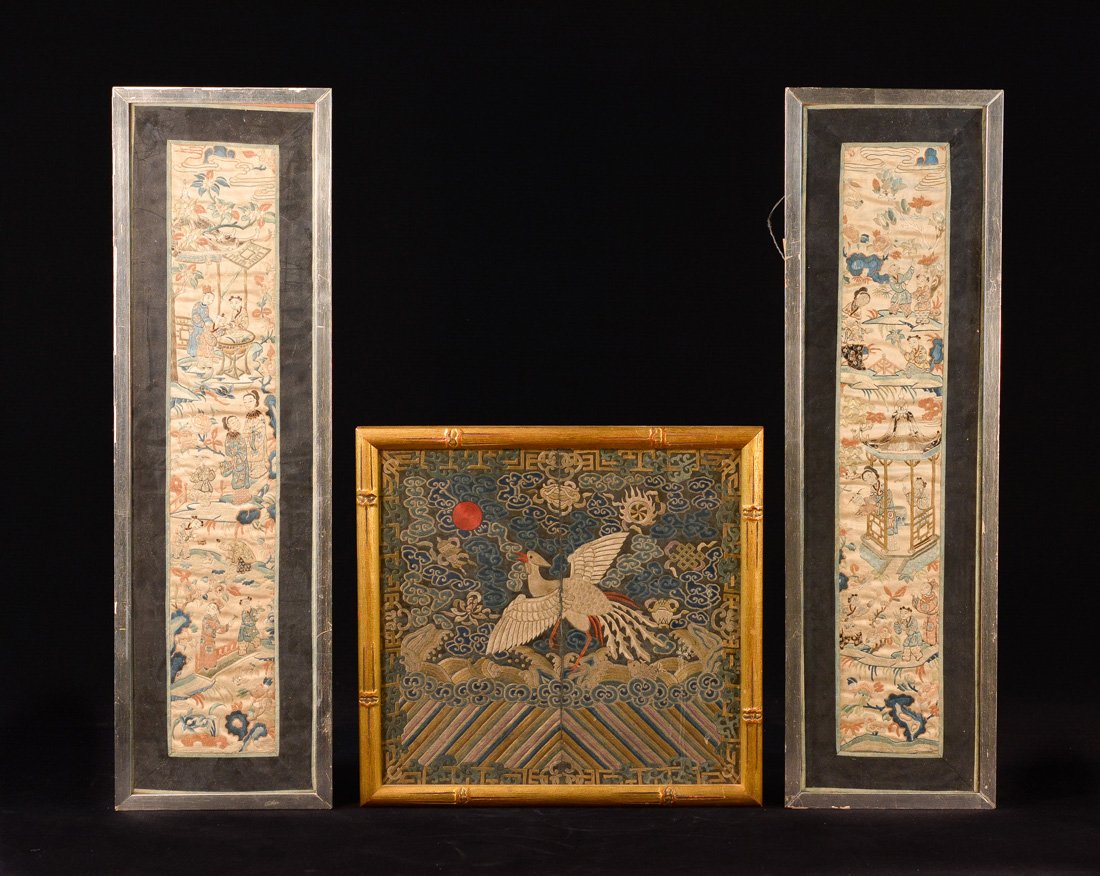 Group of Three Chinese Embroidery: 19th cen, two measure 22.5"h 7"w one measures 12.5"h 12"w Provenance: Estate of Alfred Guntermann, New Haven, Ct
