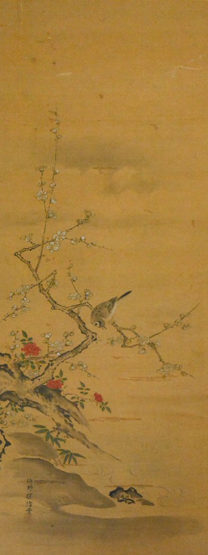 Japanese Silk Painting of Bird Scene - Kano School: 19th cen or earlier, measures 39.5"l 20.5"w Provenance: Estate of Alfred Guntermann, New Haven, Ct