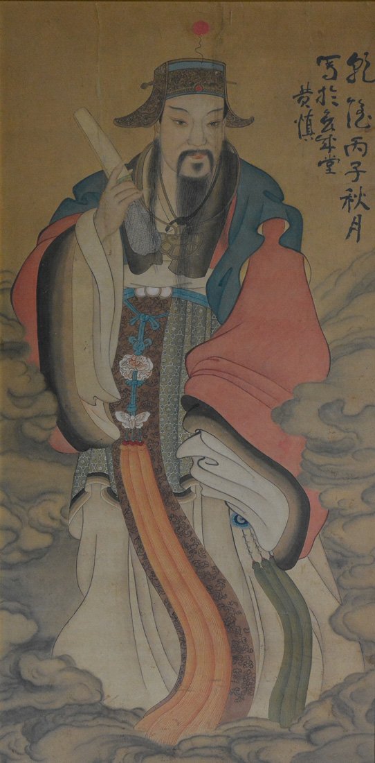 Large Chinese Painting of a Deity: 19th cen, measures 65"l 32"w Provenance: Estate of Alfred Guntermann, New Haven, Ct
