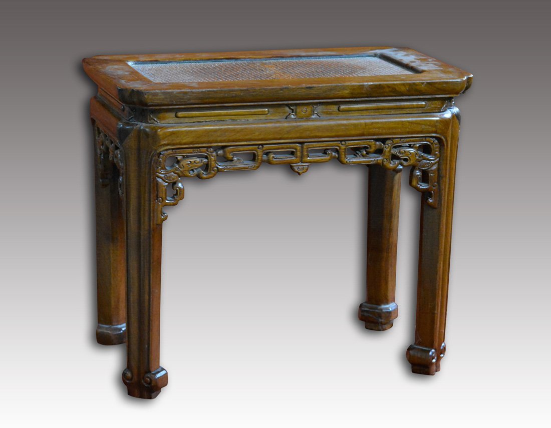 Chinese Hardwood Stool: 19th cen, measures 18.5"h 22"w 13.5"d Provenance: Estate of Alfred Guntermann, New Haven, Ct