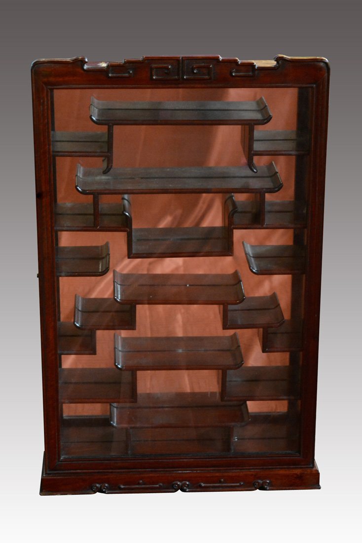 Chinese Curio Cabinet for Snuff Bottle: 20th cen, measures 32"h 20"w 4"d Provenance: Estate of Alfred Guntermann, New Haven, Ct