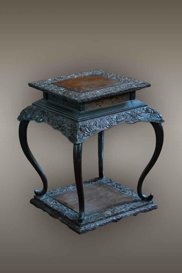 Japanese Hardwood Stand with Floral Motif: 19th cen, measures 22.75"h 15"x15"w Provenance: Estate of Alfred Guntermann, New Haven, Ct