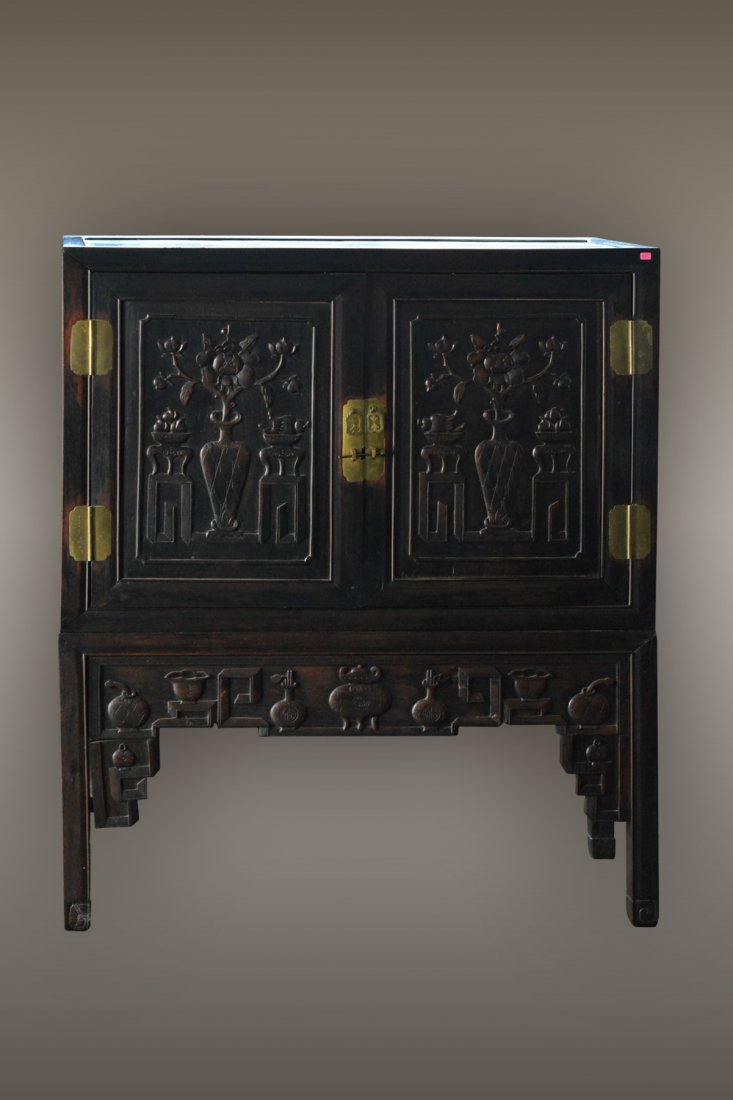 Chinese Hardwood Curio Cabinet: 19th cen, measures 46"h 42"w 21"d Provenance: Estate of Alfred Guntermann, New Haven, Ct