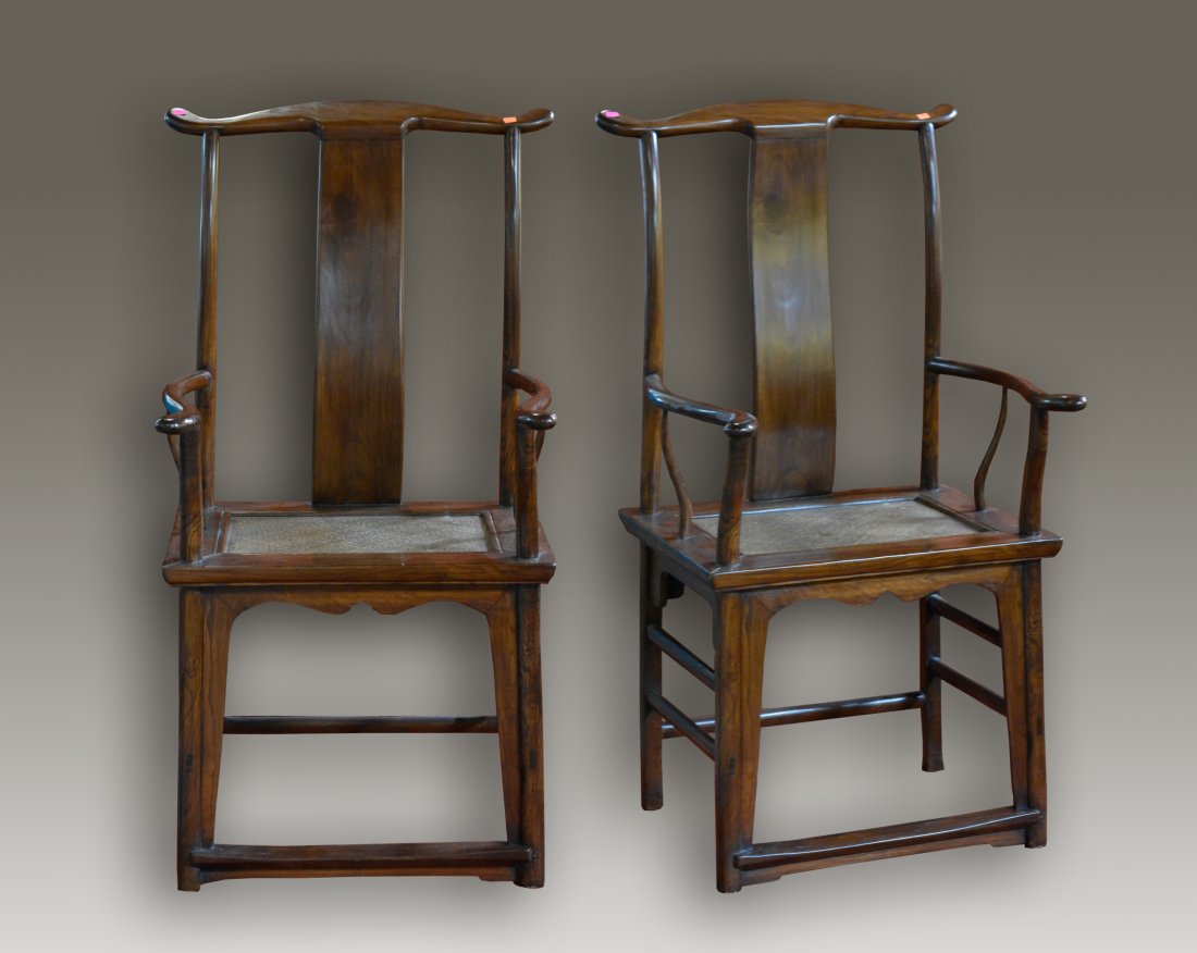 Pair Chinese Chair: yumu, 20th cen, measures 41"h 20"w 17"d Provenance: Estate of Alfred Guntermann, New Haven, Ct