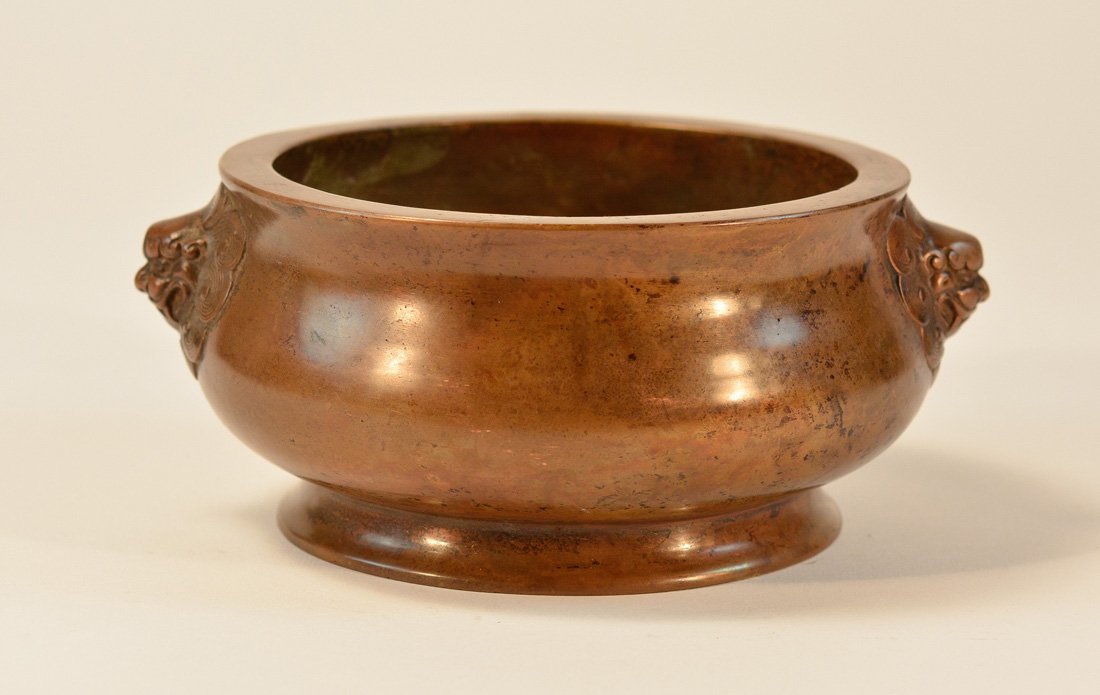 Chinese Bronze Censer with Foolion Mask Handle: rich brown patina, measures 7.5"dia 3"h