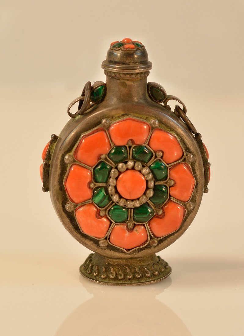 Chinese Mongolia Silver Snuff Bottle with Coral Inlay: measures 3.25"h