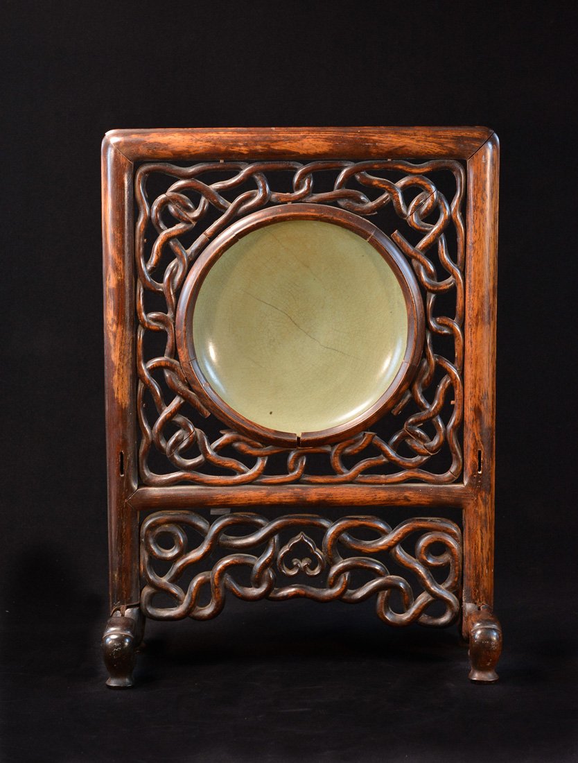 Chinese Celadon Bowl Mounted in Rosewood Table Screen: 18th cen or earlier, possibly sung period according to old appraisal, mounted in hardwood frame, bowl 8"dia; Provenance: From Estate of Albert S. Auyang, collected prior 1950's in China