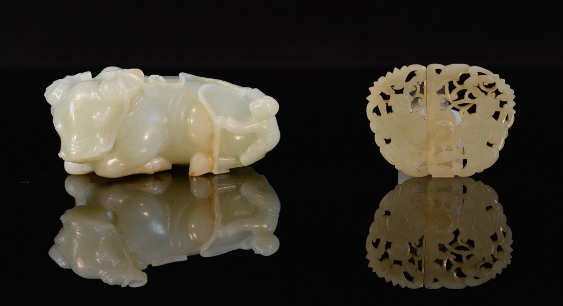 Two Chinese Jade Carving - Ox and Jade Lock: 19th cen or earlier, ox measures 4.75"l, another 3"w