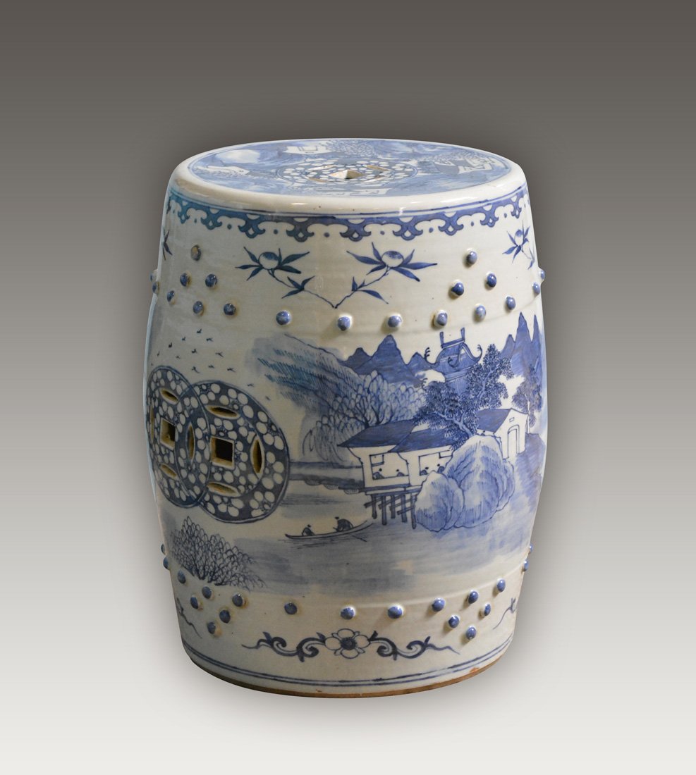 Chinese Blue White Porcelain Canton Export Garden Seat: 19th cen, measures 18"h