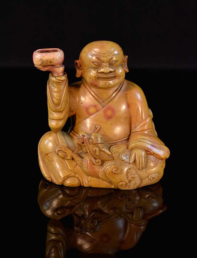 Chinese Soapstone Carving of a Lohan: 18/19th cen, measures 4.7"w by 5"h