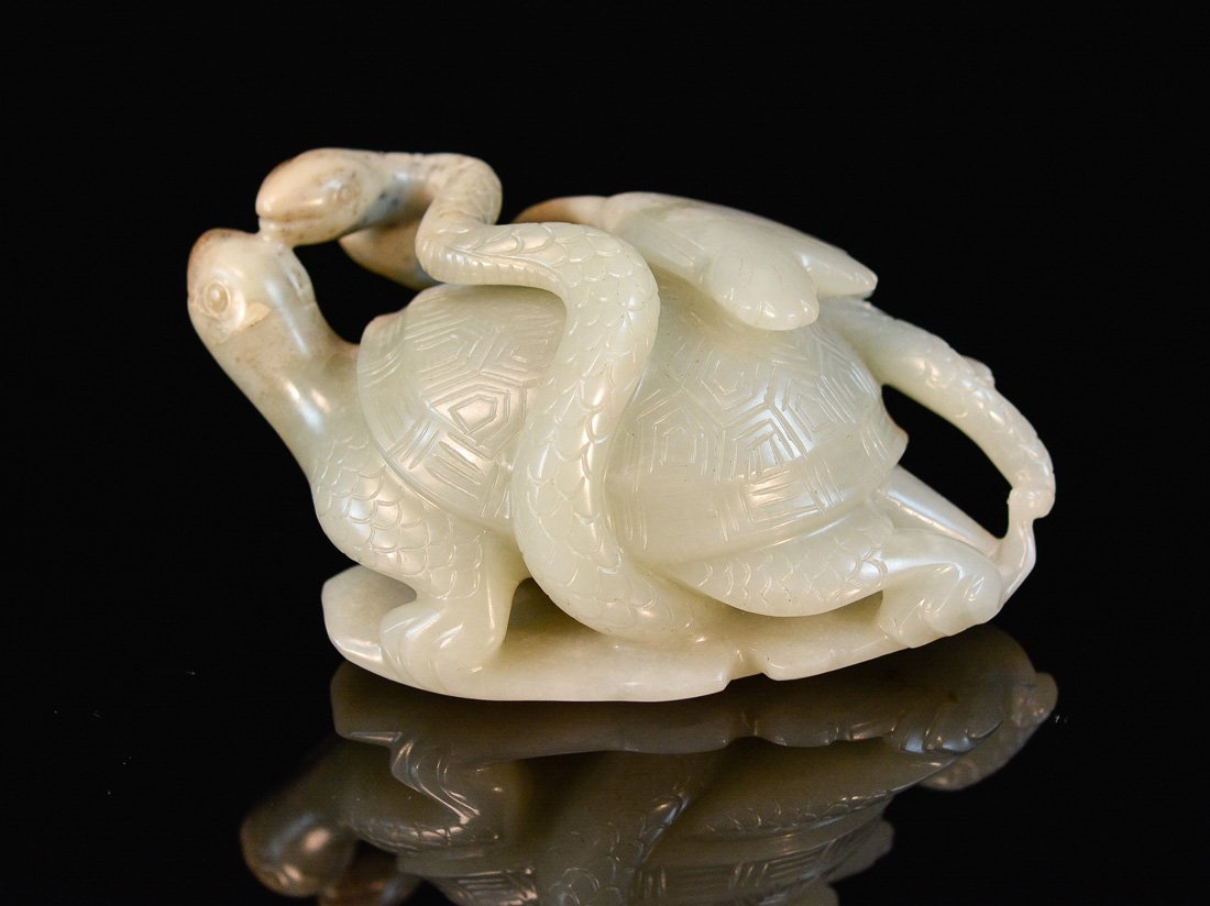 Early Chinese Jade Carving of Turtle and Snake Group: stone fracture on one side of the turtle neck, measures 4.5"h Provenance: from a New England Collection