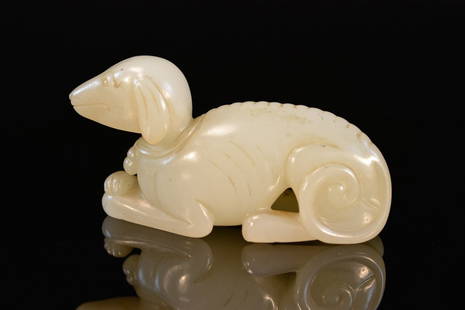 Chinese Jade Carving of a Greyhound: 19/20th cen, seated form, measures 1.75"h 3.25"w