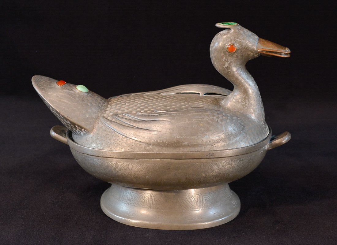 Chinese Pewter Duck Covered Vessel with Jadeite Insert: 19/20th cen, with carnelian and jadeite insert, maker chop at bottom, function as food warmer, measures 8"h 10"w