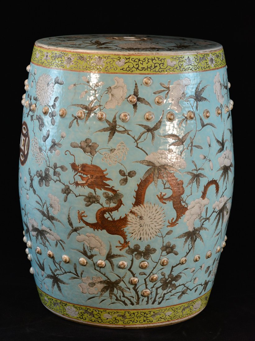 Chinese Porcelain Garden Stool with Turquois Ground: 19th cen, dragon motif, measures 18.5"h 12.5"w Provenance: from a southern estate