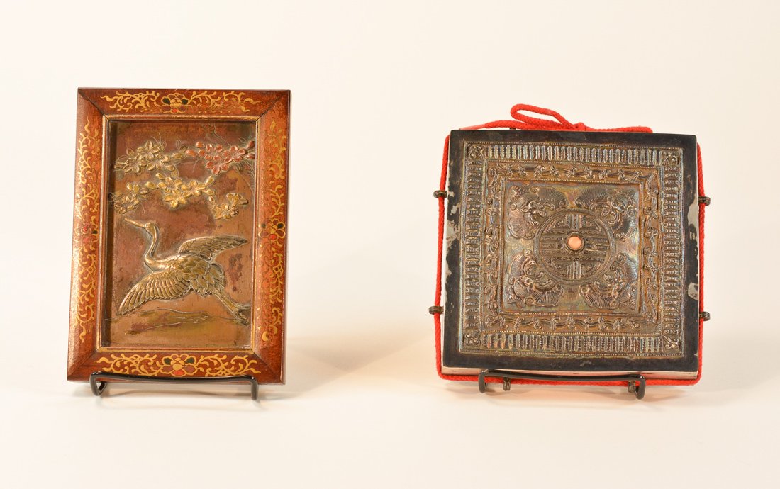 Two Asian Metal Miniature Panels - Mongolia Silver: 19th cen, one Japanese mixed metal panel, another silver with coral insert, one measures 6" x 6", the other 6.5"h 5"w; Collection of Newington, Ct Estate .