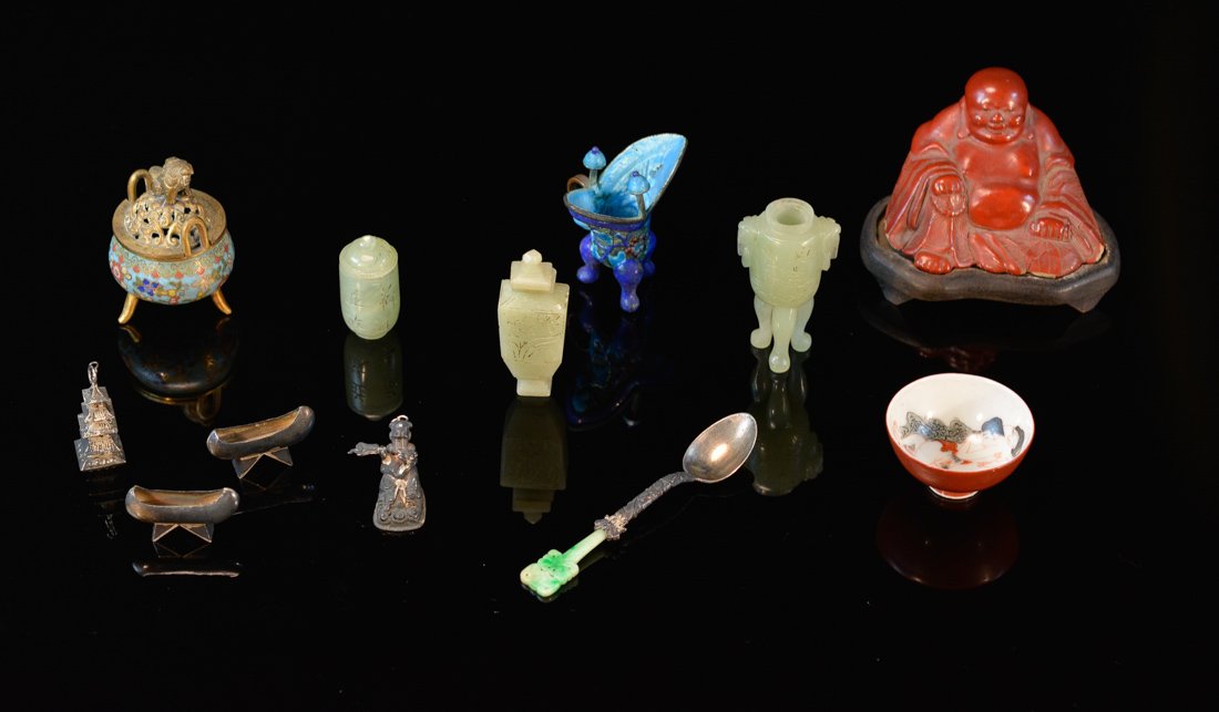 Group of Twelve Miniature Chinese Items: 19th cen, including jade, silver, cinnebar, cloisonné, erotic cup, largest measures 4", smallest 1.5"; Collection of Newington, Ct Estate .