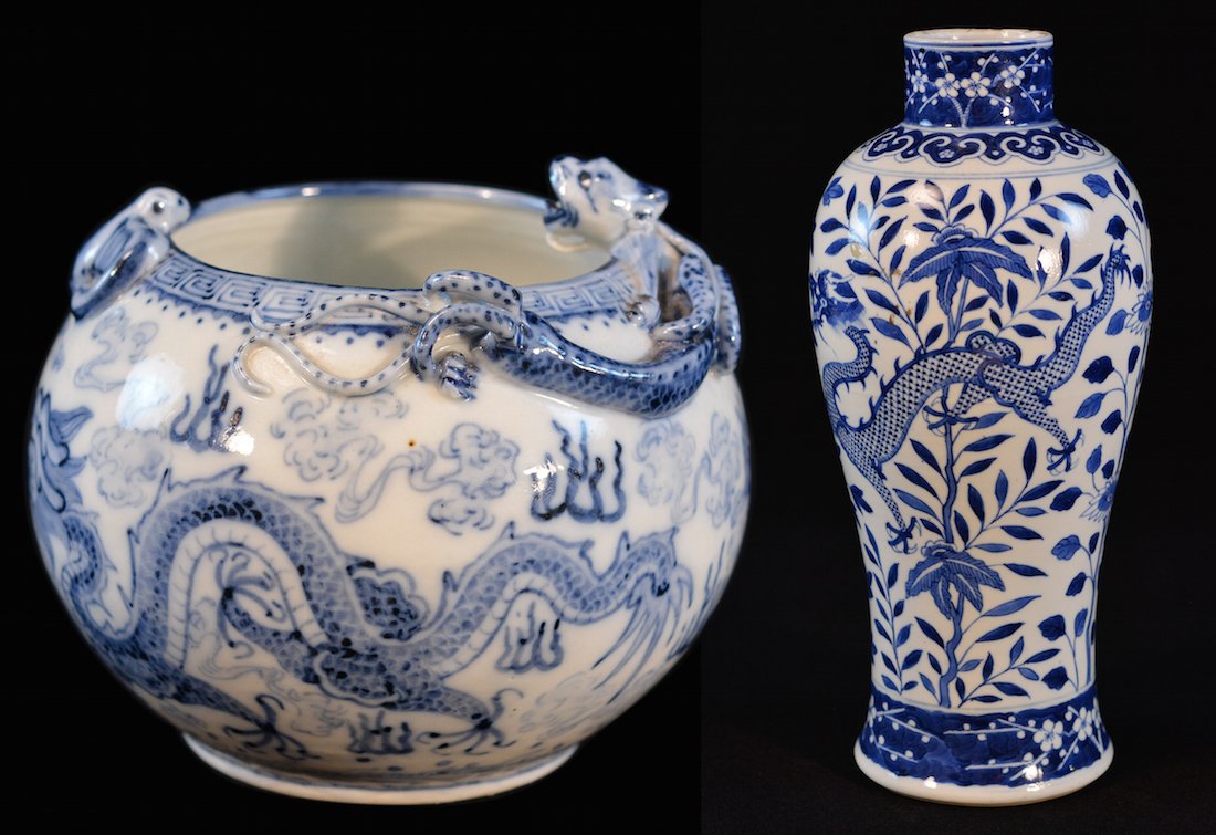 Two Chinese Blue White Porcelain Articles: 19th cen, one dragon motif vase, another dragon motif brush washer; vase measures 10.5"h 4.5"dia, brush washer measures 4"h 5"dia .