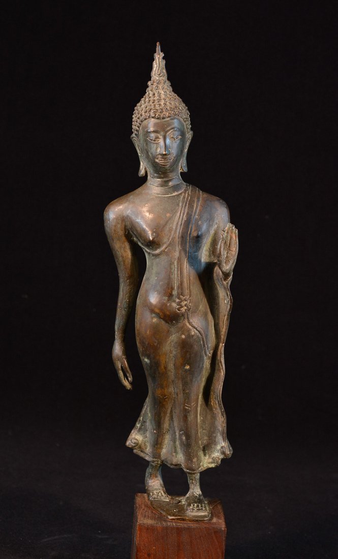 Antique Thai Bronze Standing Buddha: 19th cen, on wood base, measures 19"h, base measures 3" x 3" .