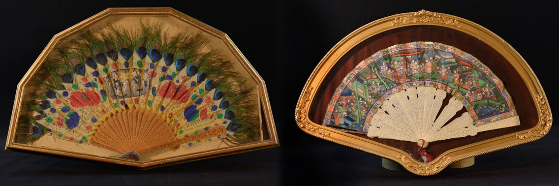 Two Chinese Export Framed Fans: each in custom shadow box; one measures 15"h 25"w, the other 17"h 26"w; from a Newington, Ct Estate .