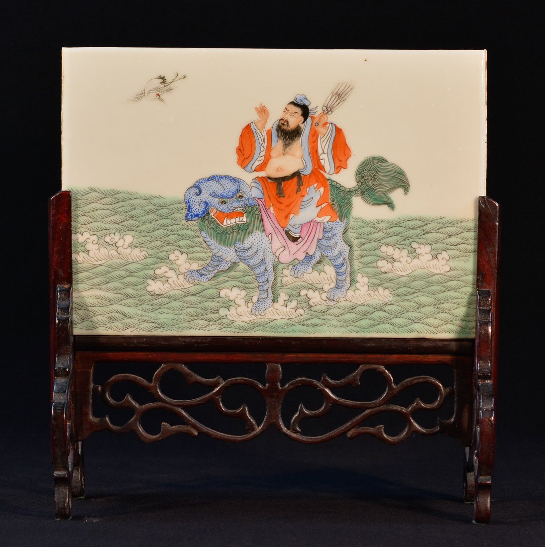 Chinese Famille Rose Porcelain Table Screen - Immortal: 20th cen, with rosewood frame, measures 11.5"h 11"w .