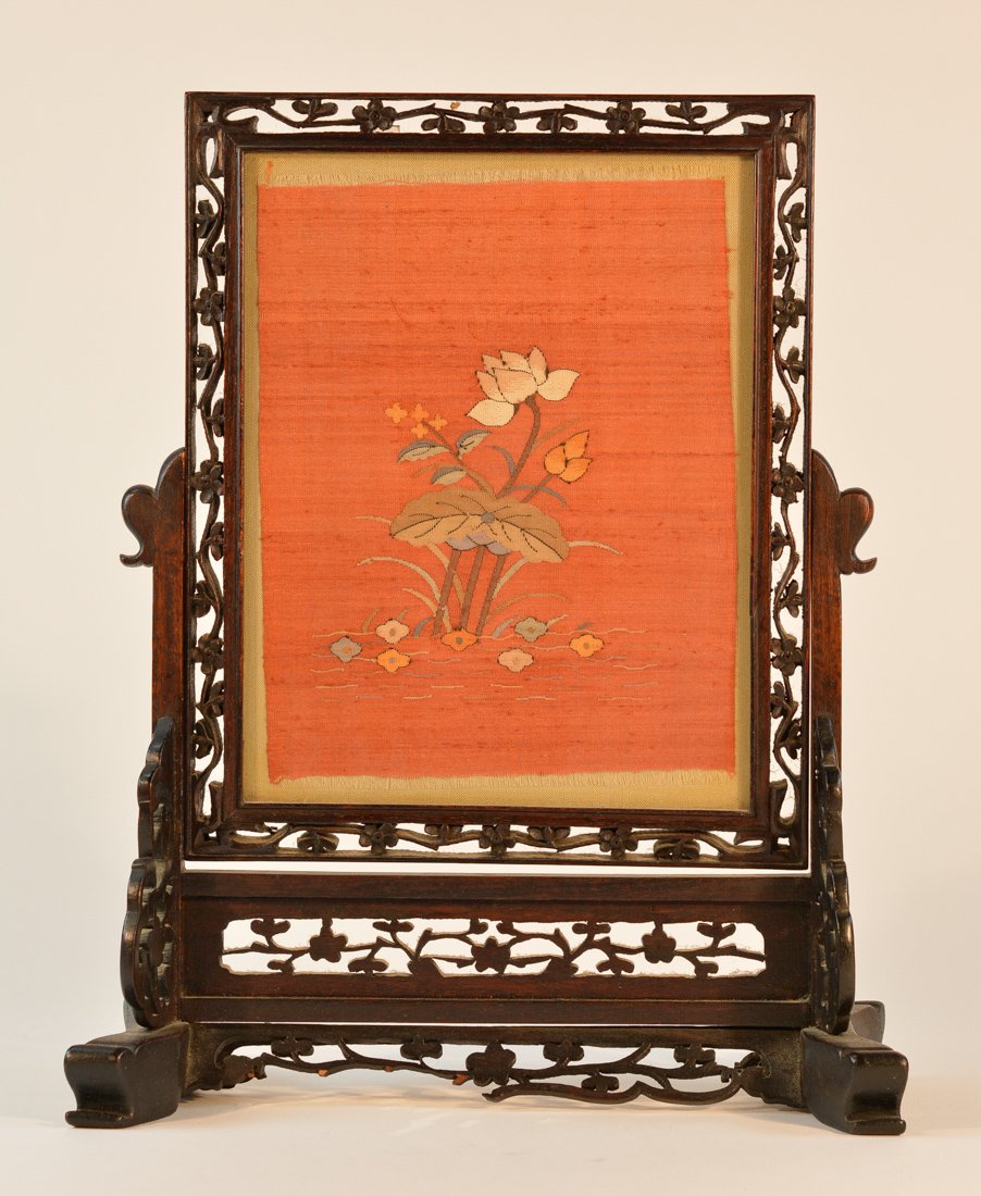 Chinese Miniature Kesi Embroidery Table Screen: 19th cen, loose wood, measures 14"h 11"w .