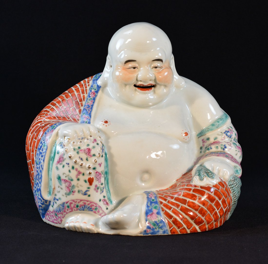 Chinese Famille Rose Porcelain Happy Buddha: 20th cen, measures 10.5"h, painted with red robe, impressed mark of Zu Shen Mao; measures 9.5"h 11"w .