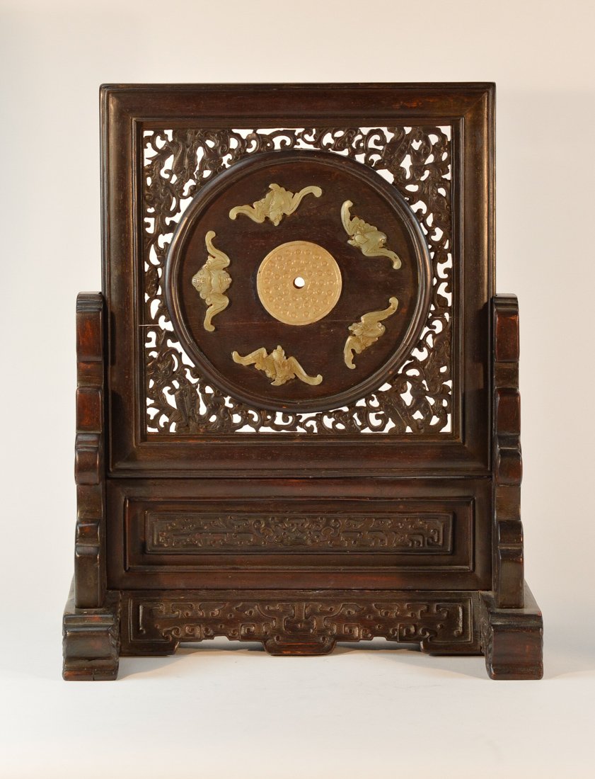 Chinese Scholar Table Screen Zitan and Jade: 19/20th cen, heavy wood, measures 20"h 16"w; Provenace: from a New York Gentleman .