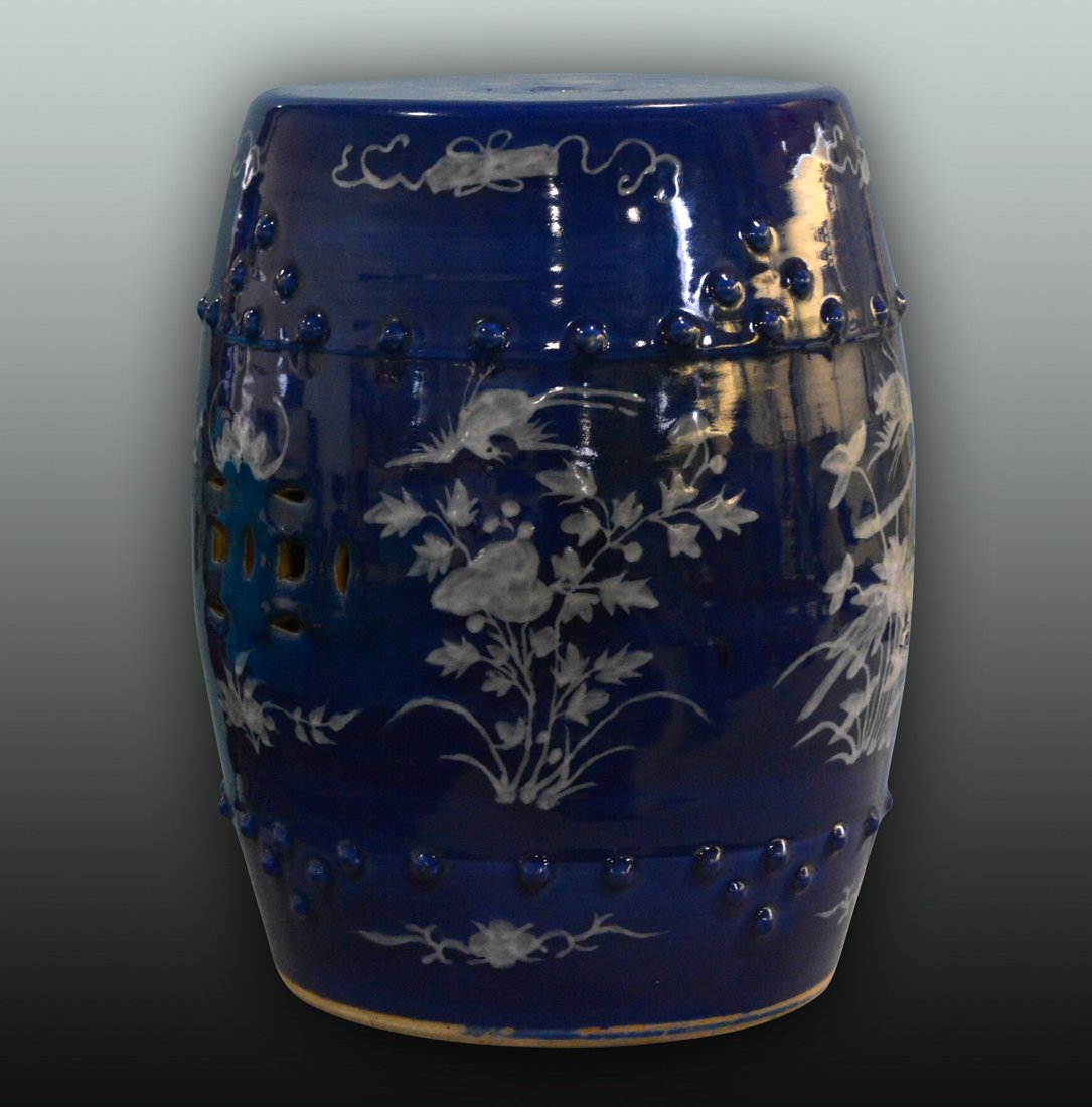 Chinese Blue Glazed Porcelain Garden Seat with White: 19th cen, measures 18.5"h 12"dia .
