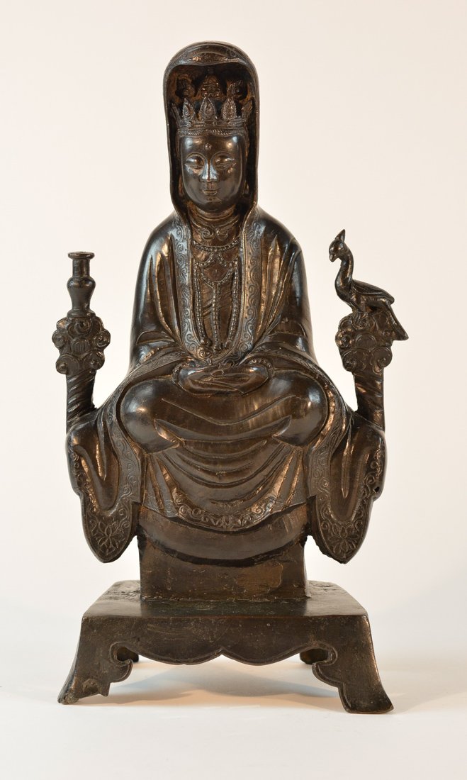 Chinese Ming Bronze Kuanyin on Altar Base: 16th cen, black patina, measures 15"h 8"w; Provenace: from a Southern Florida Estate .