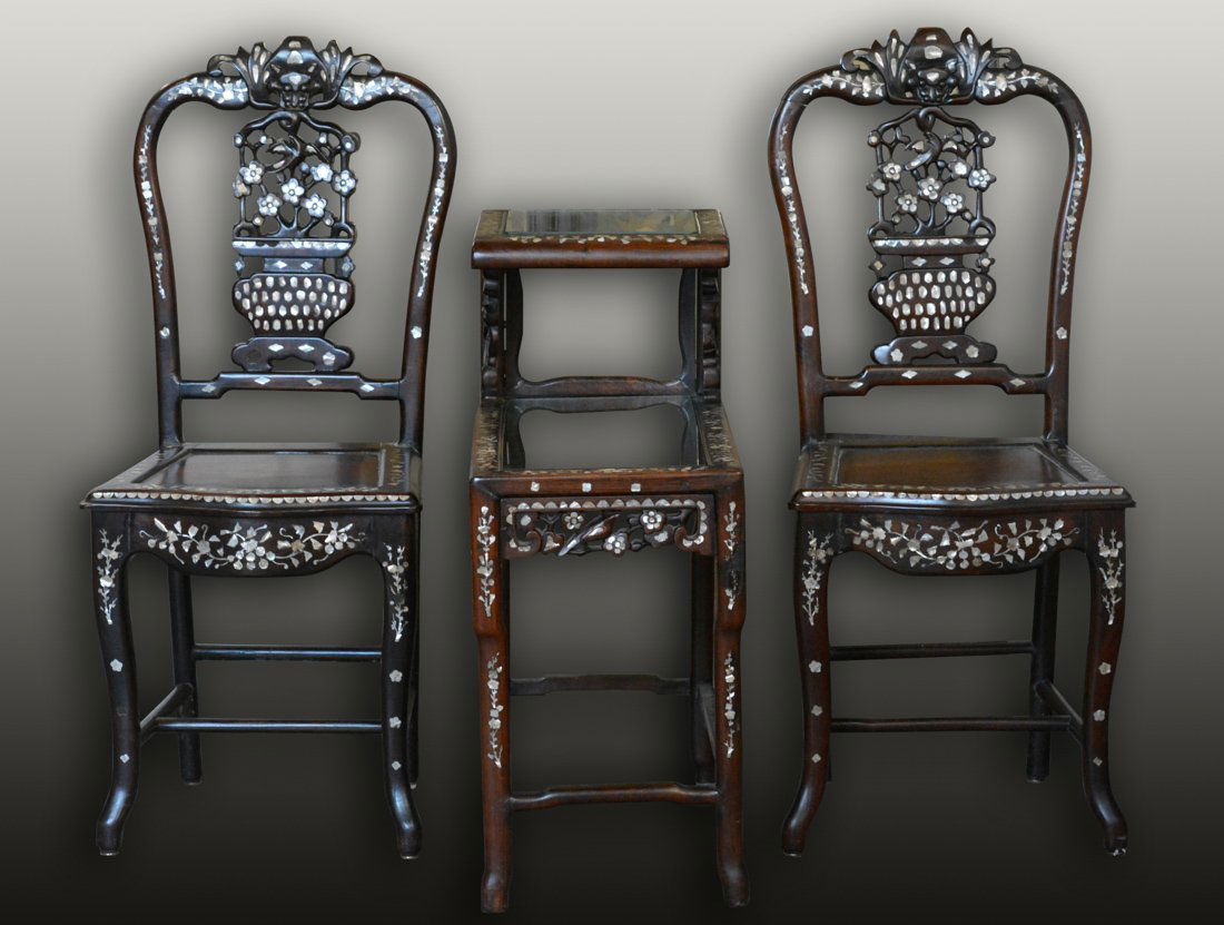 Set of Two Rosewood Chairs and Tea Stand: three pieces, including pair chairs and tea stand in between, all with mother of pearl inlay; chairs measure 39"h 10"w, table measures 30"h 24"d 12"w .