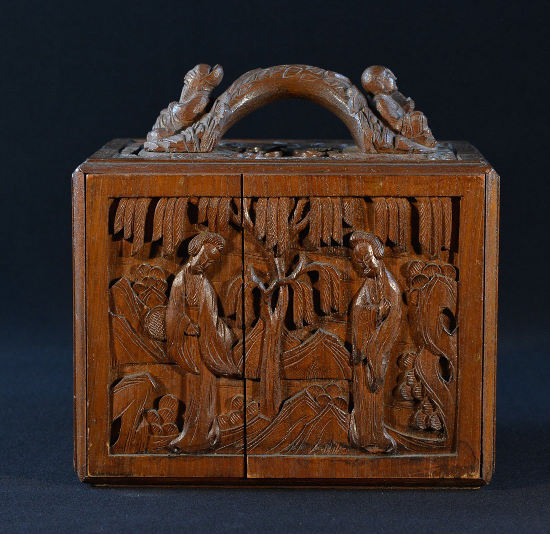 Chinese Heavily Carved Mahjong Set: 19th cen, slipped of out wood case, each tile is bamboo and bone construction, measures 7"h 9"w 7"d .