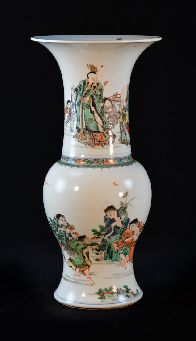 Chinese Kangxi Famille Verte Porcelain Yen Yen Vase: 17th cen, with Shoulao and figural scene, old staple repair, hairline at bottom, measures 18"h 9"dia