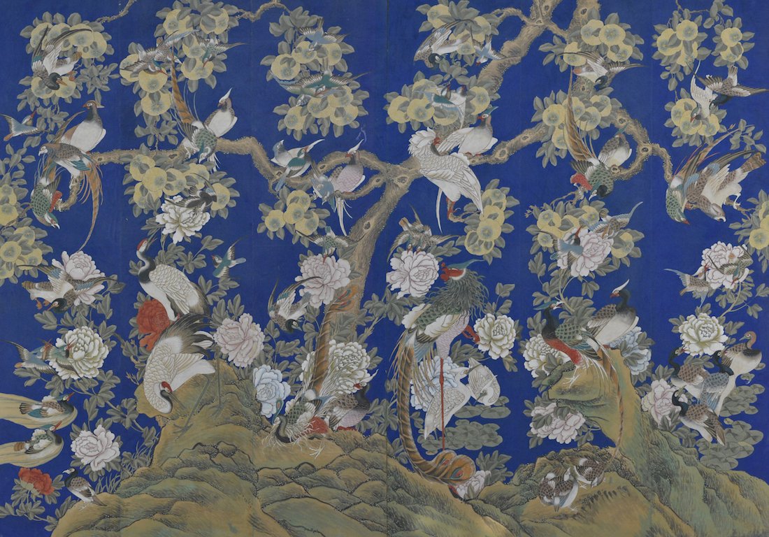 Chinese Large Painting Screen of Bird Scene: 19th cen, on blue ground, measures 64"h 90"w; Provenance: from an Atlanta Estate