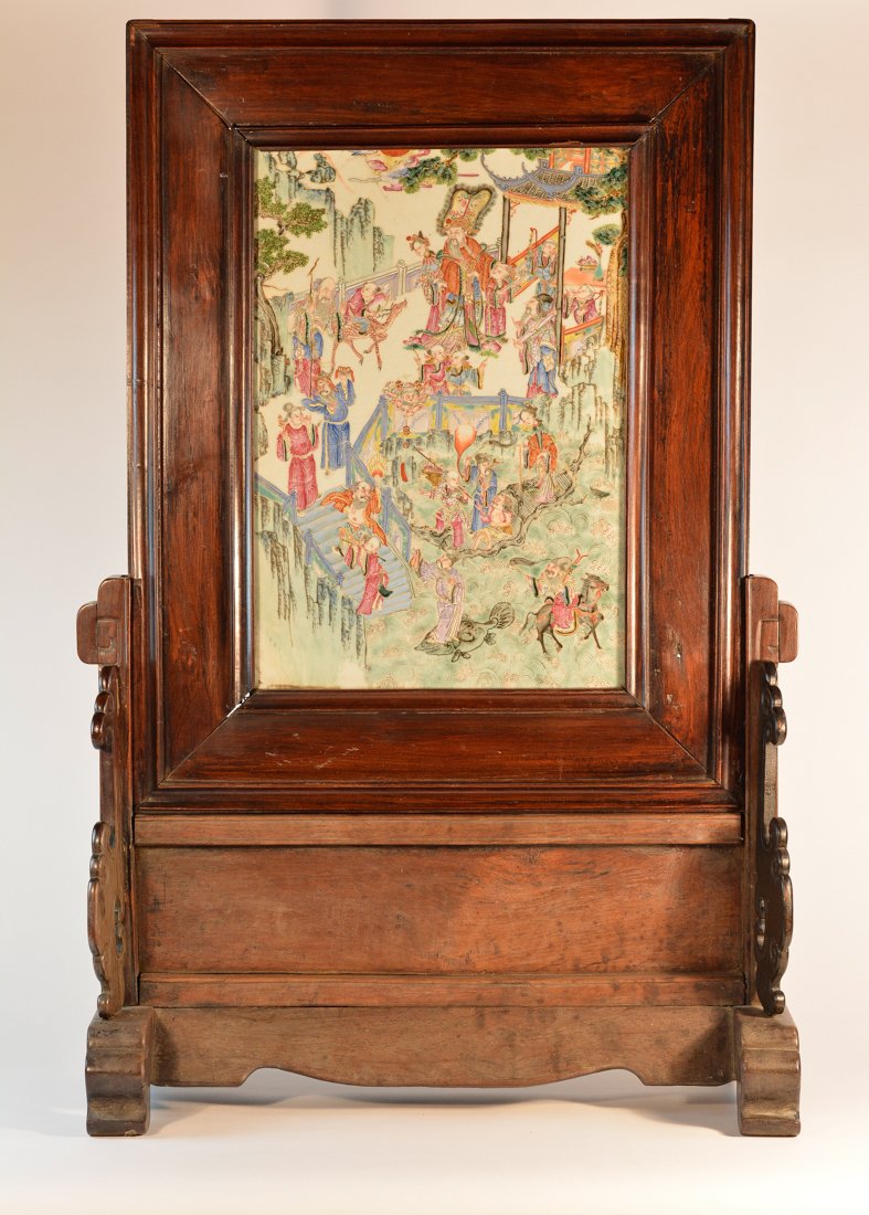 Large Chinese Famille Rose Porcelain Table Screen: 19th cen, with heavy rosewood frame, measures 44"h 22.5"w